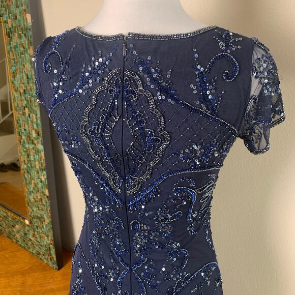Vintage Pisarro Sz 2 Beaded Mesh Column Gown Navy Blue Cocktail Wedding Holiday - Picture 9 of 11